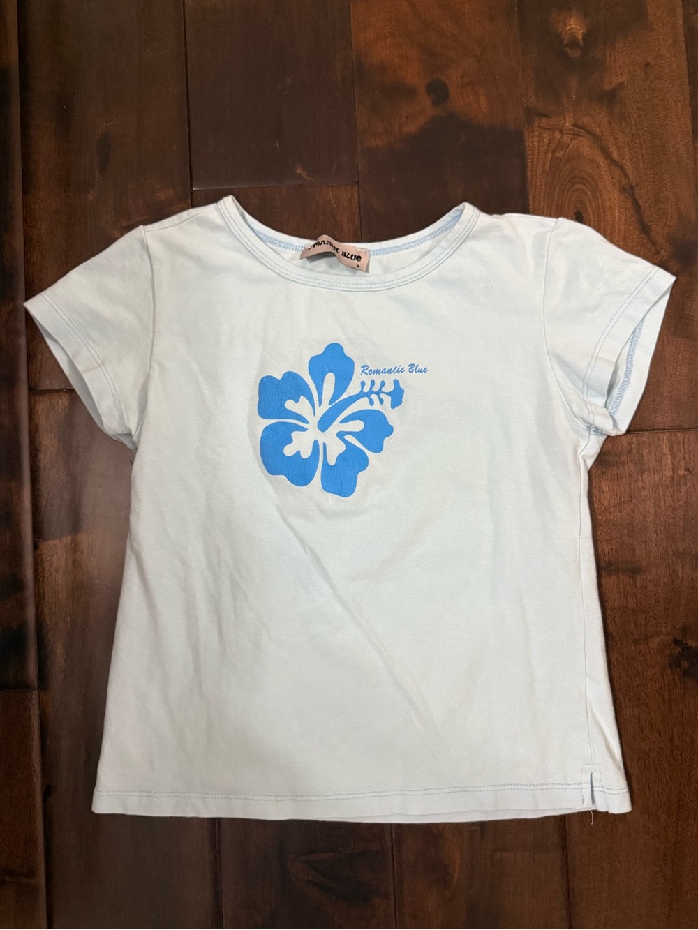 Light Blue Crop Tee with Blue Hibiscus Graphic